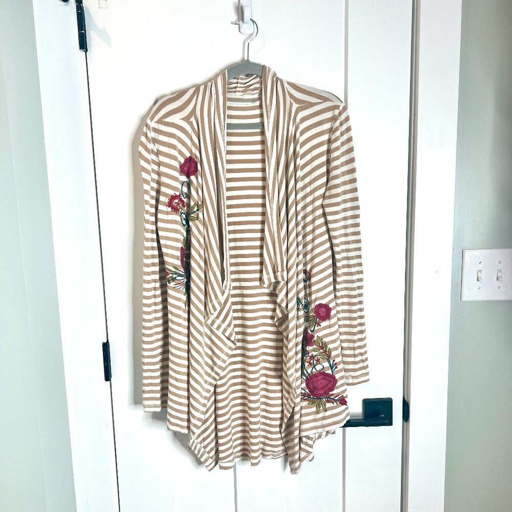 Soft Surroundings Beige and White Striped Embroidered Cardigan
